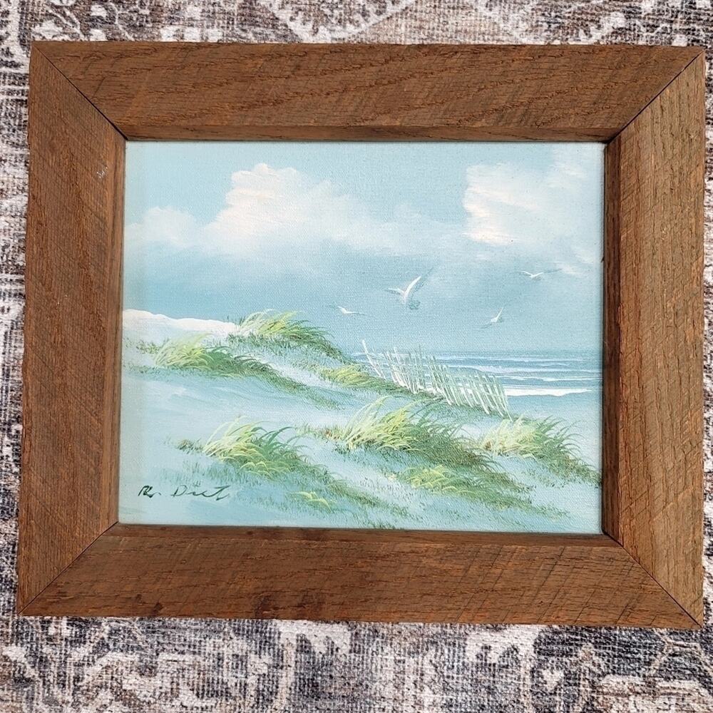 Vintage Painting Signed Framed Art Beach Scene Clouds Birds